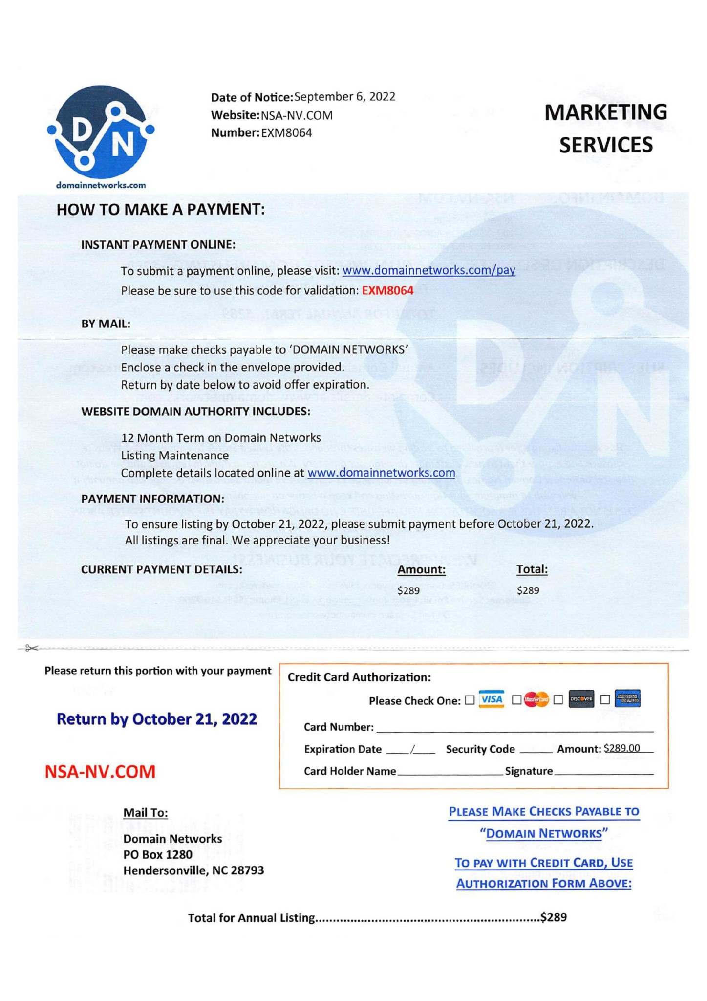 Example of actual Domain Networks invoice predatory marketing scam