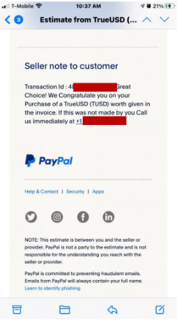 Email from PayPal: Purchase of TrueUSD (TUSD) 