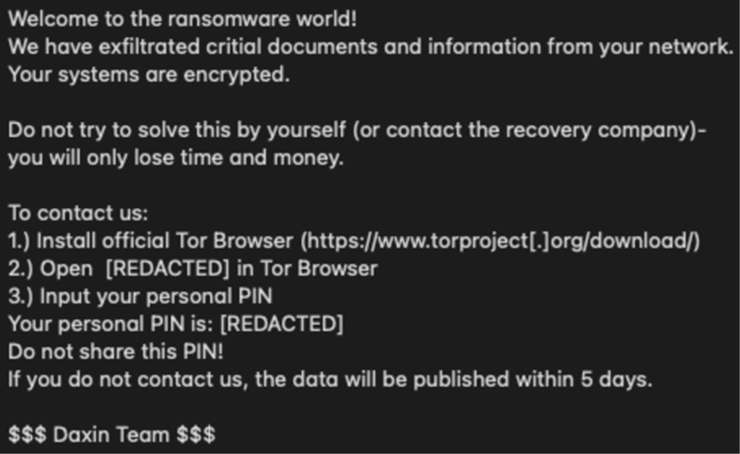 Daixin Team Ransomware Note