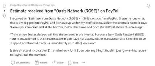 Reddit post detailing PayPal email with $538.00 invoice for Oasis Network (ROSE)