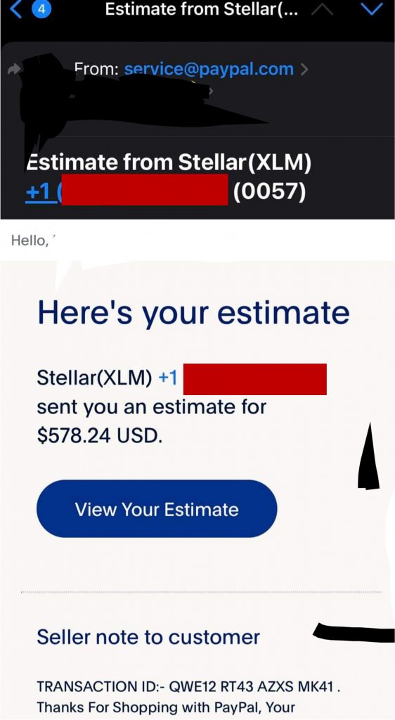Email from PayPal with $578.24 USD estimate invoice for Stellar XLM