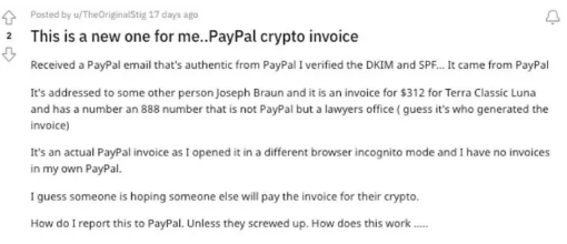 Reddit post detailing Terra Luna PayPal invoice
